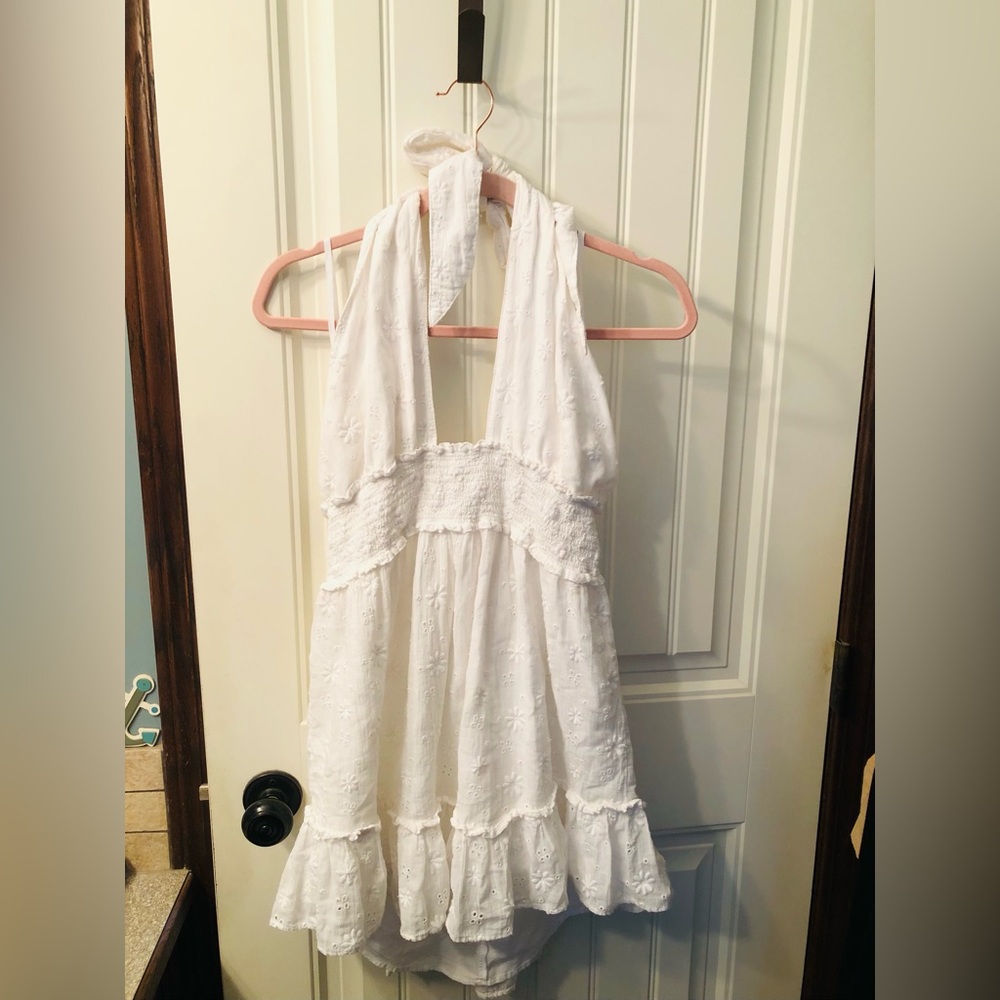 aerie White Smocked Eyelet Halter Dress (as-is). Has some marks